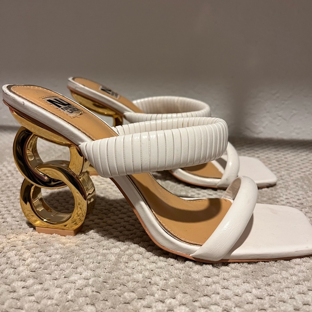 Elegant White and Gold Heeled Sandals
